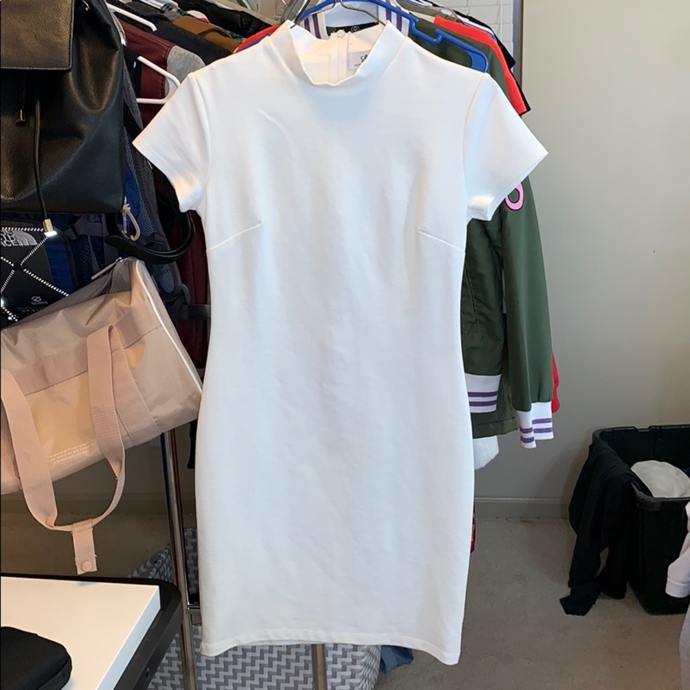 Lulus High Neck Crepe Dress in Cream